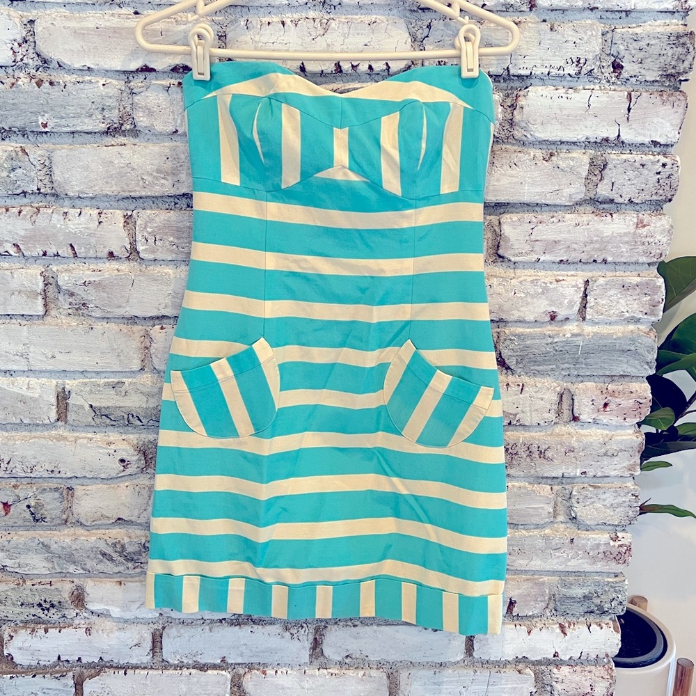 Strapless striped blue/aqua dress by Plenty by Tracy Reese